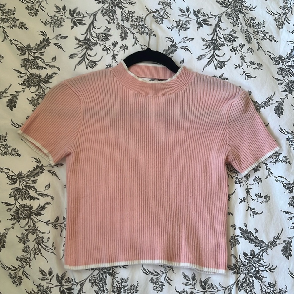 Pink & White Ribbed Short Sleeved Top